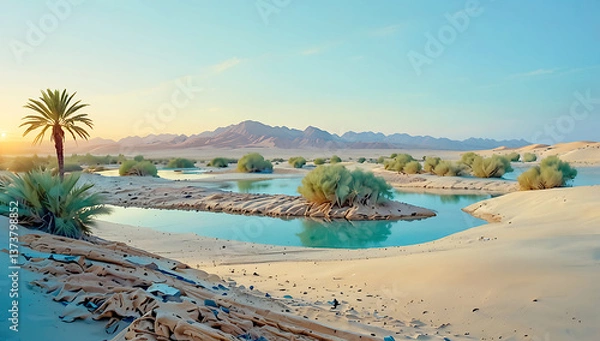 Fototapeta A serene desert oasis scene ,features a small cluster of lush green palm trees and vegetation situated on a sandy island surrounded by calm, reflective water