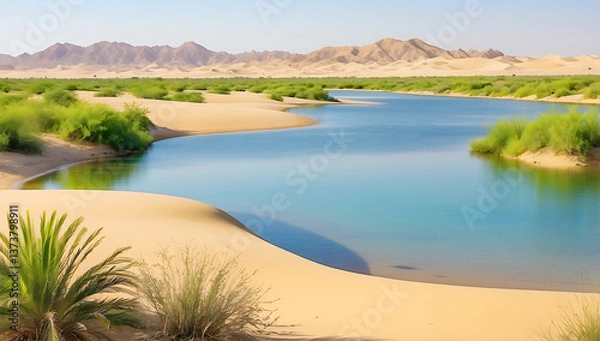 Fototapeta A serene desert oasis scene ,features a small cluster of lush green palm trees and vegetation situated on a sandy island surrounded by calm, reflective water