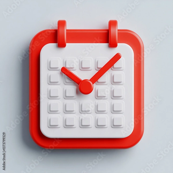 Obraz 3d calendar icon with a clock featuring, red clock isolated on white. Transparent Background, PNG