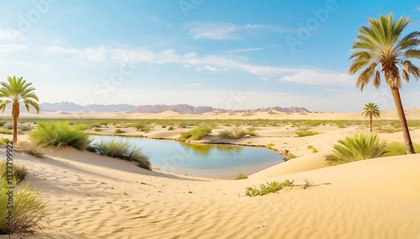 Fototapeta A serene desert oasis scene ,features a small cluster of lush green palm trees and vegetation situated on a sandy island surrounded by calm, reflective water