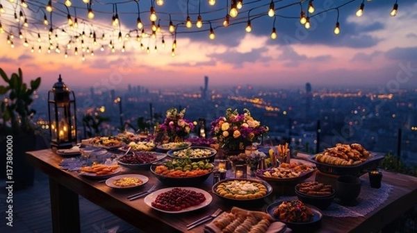 Fototapeta Elegant rooftop buffet with city view at sunset, romantic evening feast