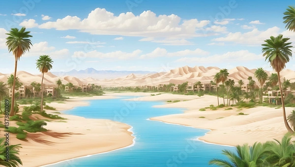 Fototapeta A serene desert oasis scene ,features a small cluster of lush green palm trees and vegetation situated on a sandy island surrounded by calm, reflective water