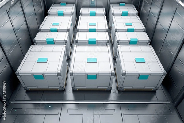 Obraz High-tech storage boxes in metallic sci-fi room, minimalistic style with teal accents on silver background, concept of futuristic industry. Ai generative