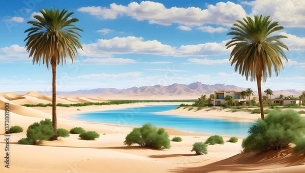 Fototapeta A serene desert oasis scene ,features a small cluster of lush green palm trees and vegetation situated on a sandy island surrounded by calm, reflective water