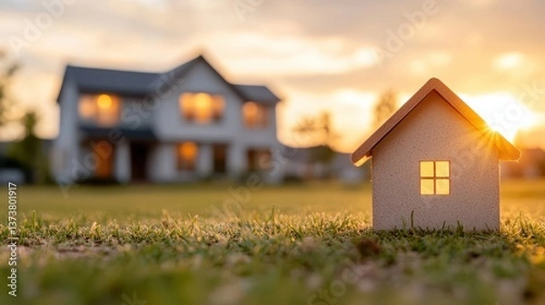 Obraz Residential real estate agent providing guidance on downsizing options, highlighting smaller, affordable homes in inviting neighborhoods at sunset.