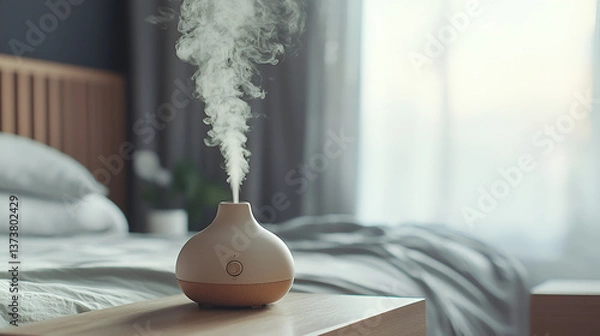 Fototapeta Aromatherapy diffuser releasing mist in bedroom, promoting relaxation and wellness in a calming space.