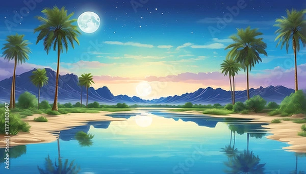 Fototapeta A serene desert oasis scene ,features a small cluster of lush green palm trees and vegetation situated on a sandy island surrounded by calm, reflective water