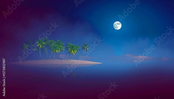 Fototapeta A serene desert oasis scene ,features a small cluster of lush green palm trees and vegetation situated on a sandy island surrounded by calm, reflective water