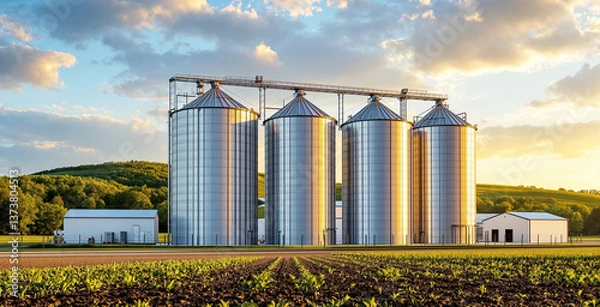 Fototapeta Large metallic grain silos on a modern farm field with young crops, under a colorful sunset sky, concept of futuristic agriculture and technology. Ai generative