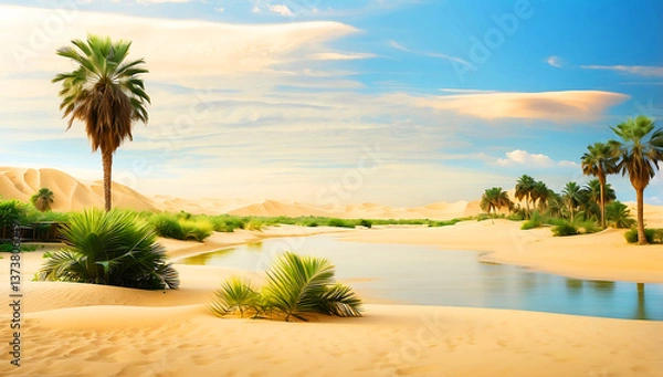 Fototapeta A serene desert oasis scene ,features a small cluster of lush green palm trees and vegetation situated on a sandy island surrounded by calm, reflective water
