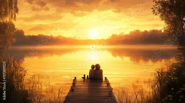 Fototapeta Mother and child embrace peaceful golden sunset scene on lake dock serenity