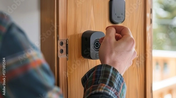Obraz A close-up of a man's hand entering a code on a digital door lock, showcasing modern security technology.