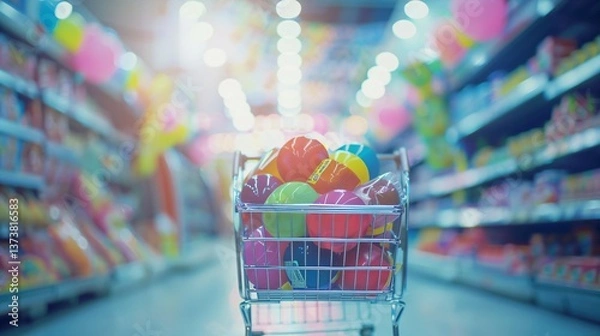 Fototapeta Shopping cart filled with vibrant groceries and household items, representing consumerism, shopping spree and retail therapy concept.