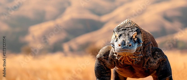 Obraz Komodo Dragon in Dry Forest Terrain. Prehistoric Reptile, Nature Wild, Savage Majesty, Copyspace.
