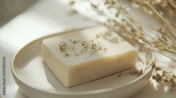 Fototapeta Artisanal soap bar resting on a ceramic dish, adorned with delicate dried flowers, conveying simple luxury.