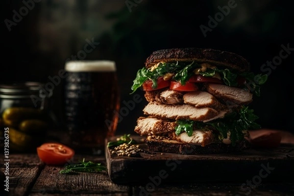 Obraz Stacked chicken sandwich with lettuce and tomato on a wooden board with beer and pickles