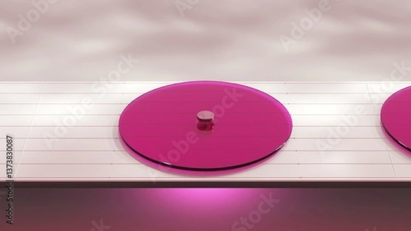 Fototapeta Magenta digital button gradually melting into shimmering liquid mercury. Transforming and reforming on minimalist white platform with subtle pink light reflections. Creating seamless morphing motion