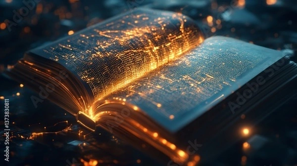 Fototapeta A glowing open book emitting golden light and surrounded by a digital grid and data stream. The image evokes themes of advanced knowledge, technology, and data, ideal for concepts like AI, digital