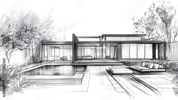 Obraz Architectural sketch of a modern house in a minimalist style with a manicured yard. Hand drawn minimalistic sketches.