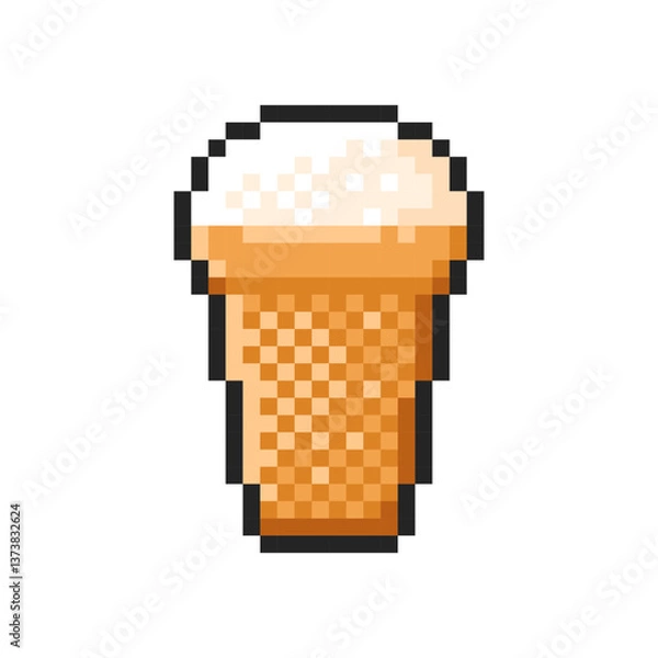 Obraz Pixel soft ice cream in a waffle cup isolated on transparent background. Pixelated badge, game asset or computer arcade item. Vanilla ice cream icon. Vector pixel art illustration in 16 bit old style.