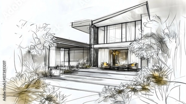 Obraz Artistic architectural sketch of a modern elegant mansion in a classic style with a manicured yard and terrace. Hand drawn minimalistic sketches.