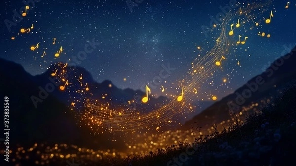 Fototapeta Vibrant golden musical notes float in the air over a peaceful mountain landscape under a starry sky. A magical melody seems to echo through the glowing night, illuminating the quiet scene with a sense