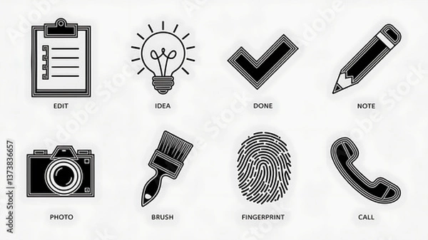 Fototapeta Simple black and white icons for creative work Edit Idea Done Note  Brush Fingerprint Call