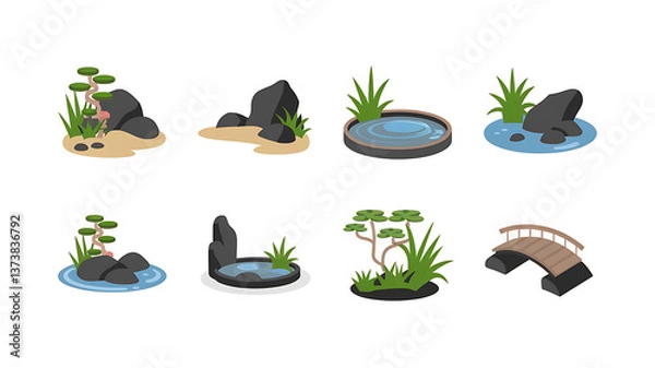 Fototapeta Japanese Garden Elements: Water features rocks trees bridge Flat design