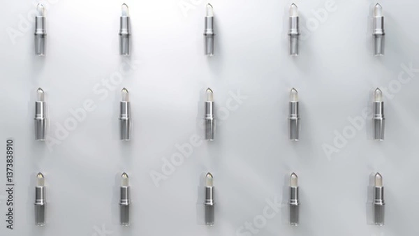 Fototapeta Silver lipsticks rotating synchronously on white background, creating mesmerizing luxurious visual pattern with minimalist elegant design and metallic sheen