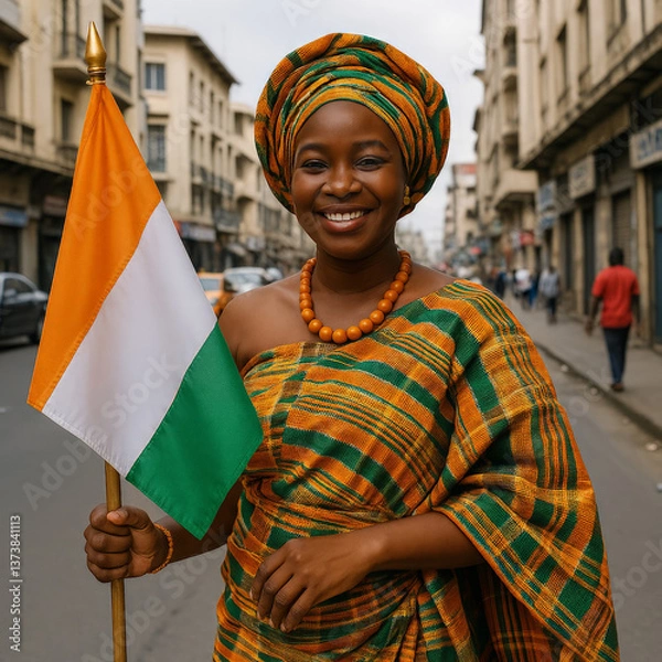 Fototapeta A joyful woman holds ivory coast flag, wearing traditional attire with vibrant patterns. She proudly holds the flag and smiles, showcasing her cultural pride Generative AI