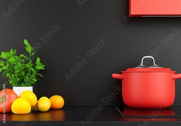 Obraz Bright Kitchen Setting with Red Pot and Fresh Ingredients on Black Surface
