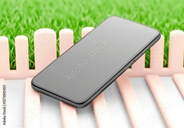 Obraz Modern Smartphone on Grass with Wooden Fencing Background