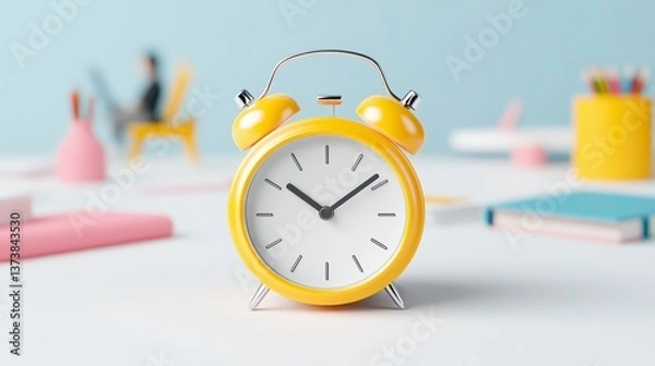 Obraz Yellow Alarm Clock on Desk with Office Supplies and Blurred Background