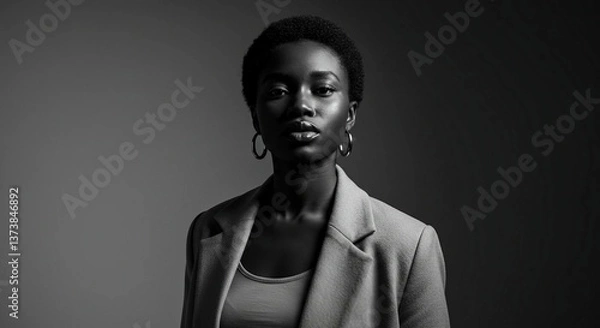 Obraz Confident Afro-American woman in black and white portrait with serious expression