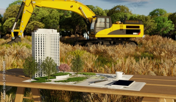 Fototapeta Architectural Model of High-Rise Building on Construction Site with Excavator in Background - 3D Illustration