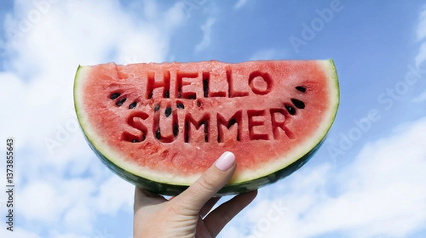 Obraz Hello Summer! Watermelon slice with greeting text. Woman's hand holding it against blue sky. Summertime concept.