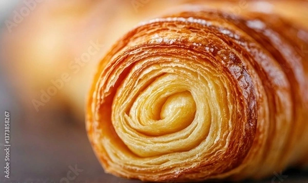 Fototapeta An up-close view of a perfectly golden croissant reveals its delicate layers and inviting texture.