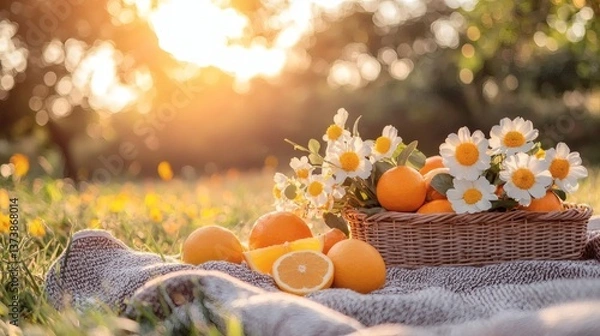 Fototapeta Spring picnic setup with fresh fruits and flowers on a soft blanket, copy space on the left