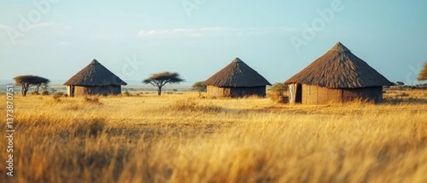 Fototapeta Traditional thatched huts stand gracefully on dry savanna grasslands under a vast blue sky with scattered clouds.