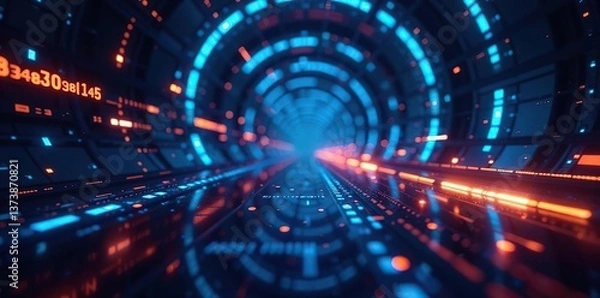 Obraz Abstract digital technology background with blue and orange lights, glowing data streams in center of futuristic space tunnel with light particles,  lights,  data streams