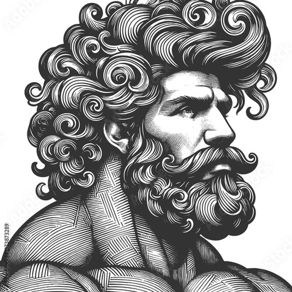 Obraz gentleman with an incredibly large, curly hairstyle, blending humor, surrealism, and vintage artistic style sketch engraving generative ai raster illustration. Scratch board. Black and white image.