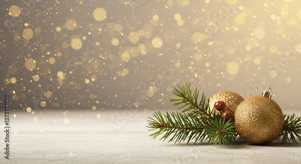 Obraz Christmas baubles with pine branch on festive golden background
