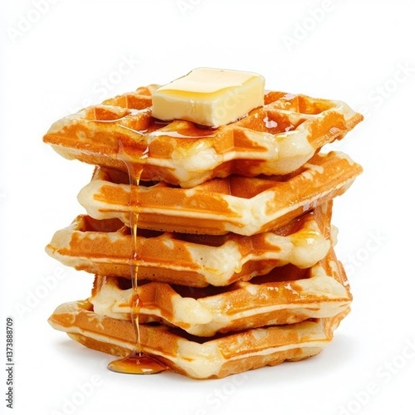 Fototapeta International sweet food minimal. A stack of crispy waffles topped with a pat of butter and drizzled with syrup, emphasizing a delicious breakfast treat.