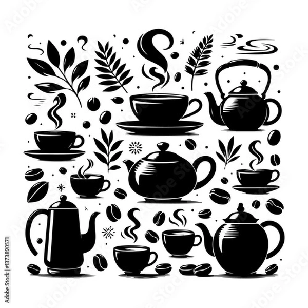 Fototapeta A vector illustration of a set of coffee cups, tea cups, and tea cups with saucers, featuring various drink icons like espresso, cappuccino, and mocha, perfect for kitchen or café design