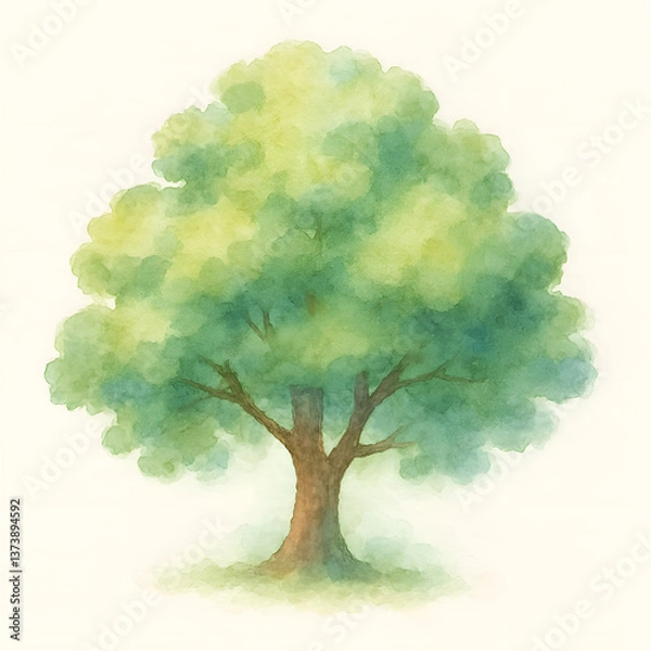 Fototapeta Isolated on a white background soft and tranquil watercolor painting of a tree with a full, rounded canopy in shades of green and yellow. 