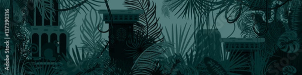 Fototapeta Horizontal old tropic forest nature background. Dark green and blue palm leaves, tree branches and tribal stone buildings vector.