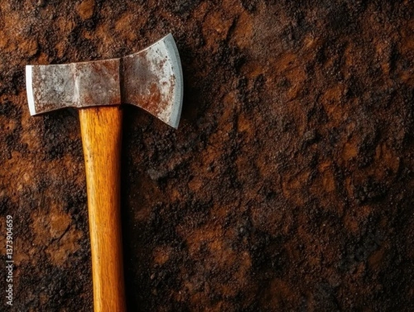Fototapeta A close-up of a rusty axe resting on a textured, dark surface, highlighting its wooden handle and aged metal blade.