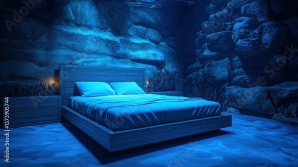 Fototapeta A surreal underwater bedroom featuring a wooden bed and bedside table, illuminated by a calming blue light, surrounded by rocky textures and aquatic plants.