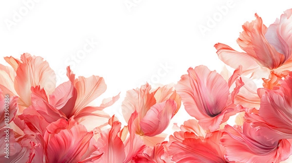 Obraz Collage of pink tulips on a transparent background. The flowers are located at the bottom of the frame and create the feeling of a lush, delicate border.