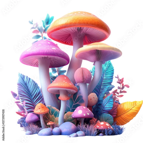 Obraz Colorful and fantastic still life of mushrooms and plants on a transparent background.
